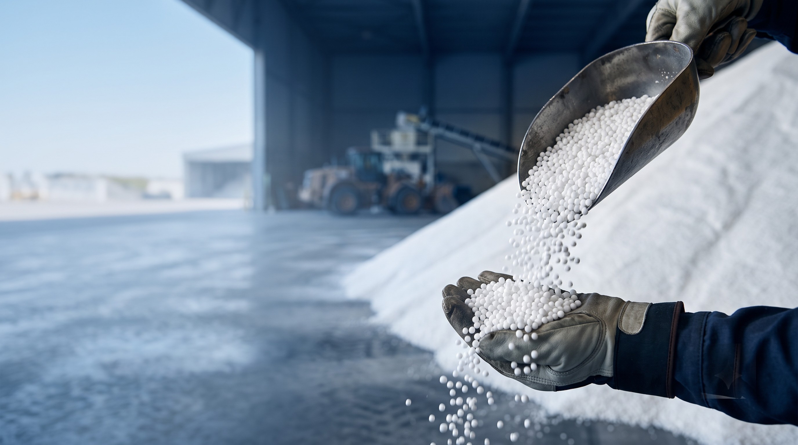 Prilled urea being handled at a storage facility